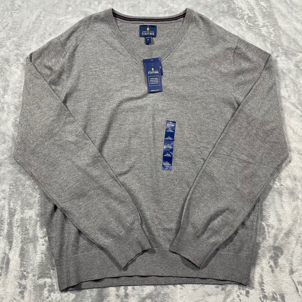 Stafford Mens V Neck Sweater Gray Regular Fit XL Long Sleeve Knit‎ NEW
